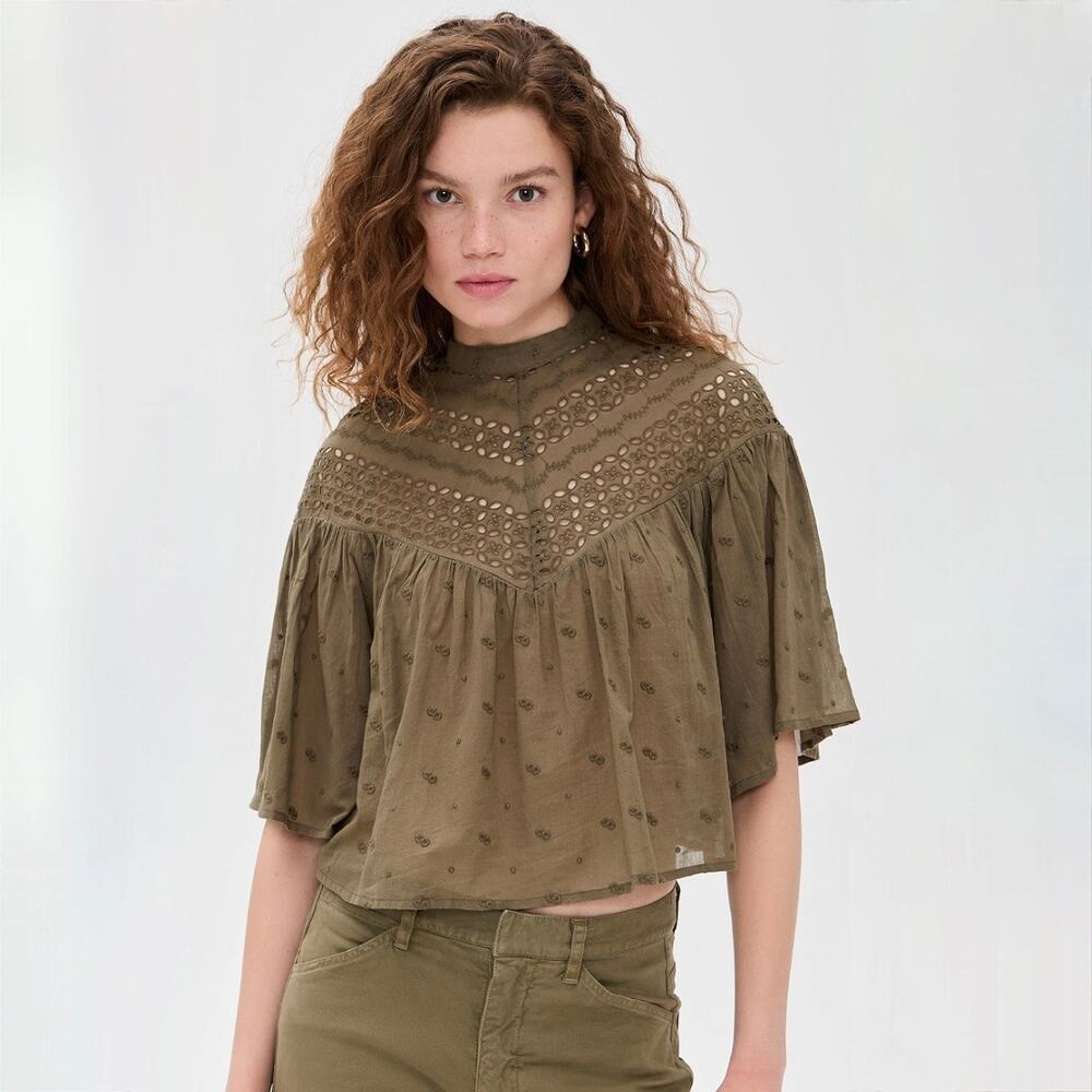 Nili Lotan Olive Eyelet Lace High-Neck Flutter Sleeve Blouse